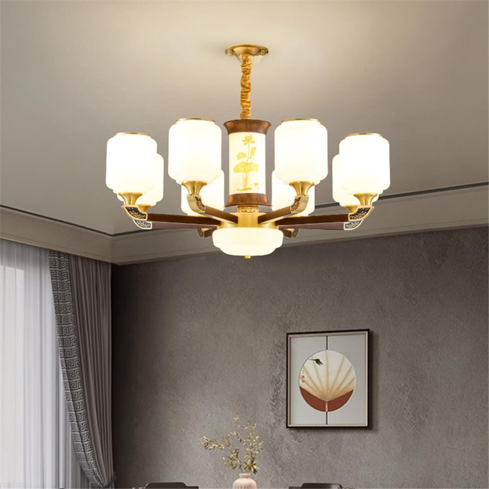 LYMSXAZOU Contemporary Luxury Brass Chandelier LED Chinese Style Living Room Bedroom Dining Villa Hotel Tearoom Cafe Pendent Lights (H 8 Lights)