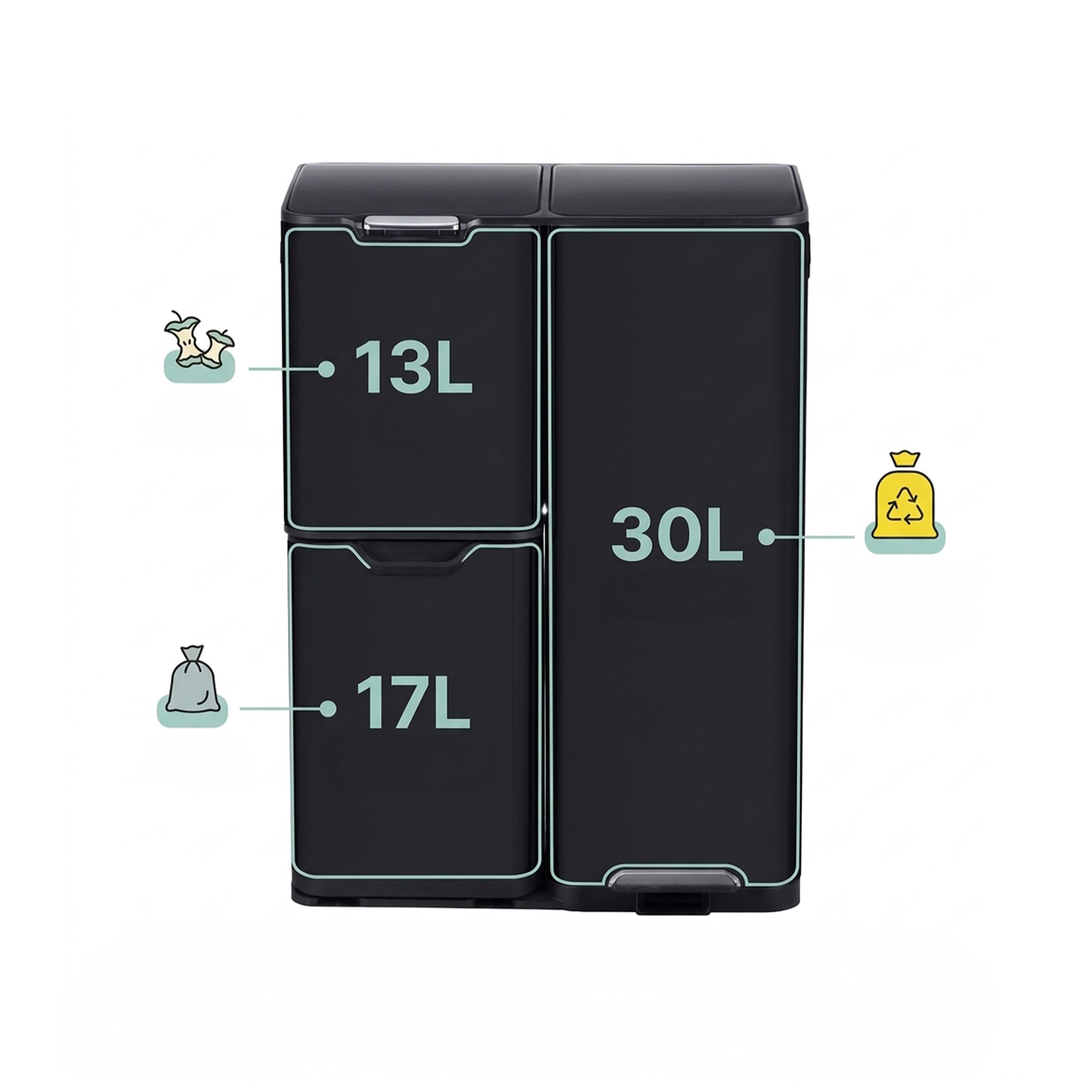 Papelera Relaxdays 3 compart., 60 L, Cubos extraíbles, Cierre Suave, Pedal, Acero INOX, Separador residuos Cocina, Negra