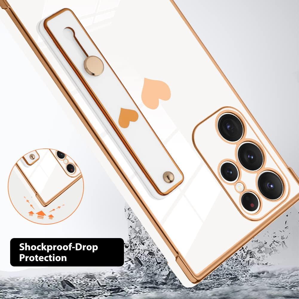 KANGHAR Designed for Samsung Galaxy S22 Ultra Case with Strap Luxury Love Heart Plating Gold Bumper Phone Cover Wristband Kickstand Full Body Protective Slim Case for Women - White