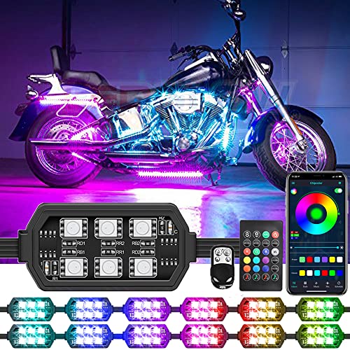 Chipcolor 12 Pcs Motorcycle LED Light Kit, APP/RF Control MagicRGB Motorcycle LED Lights 16 Million Color Brake Light Music Mode Light Chasing Mode IP65 Waterproof Motorcycle Lights with Power Switch
