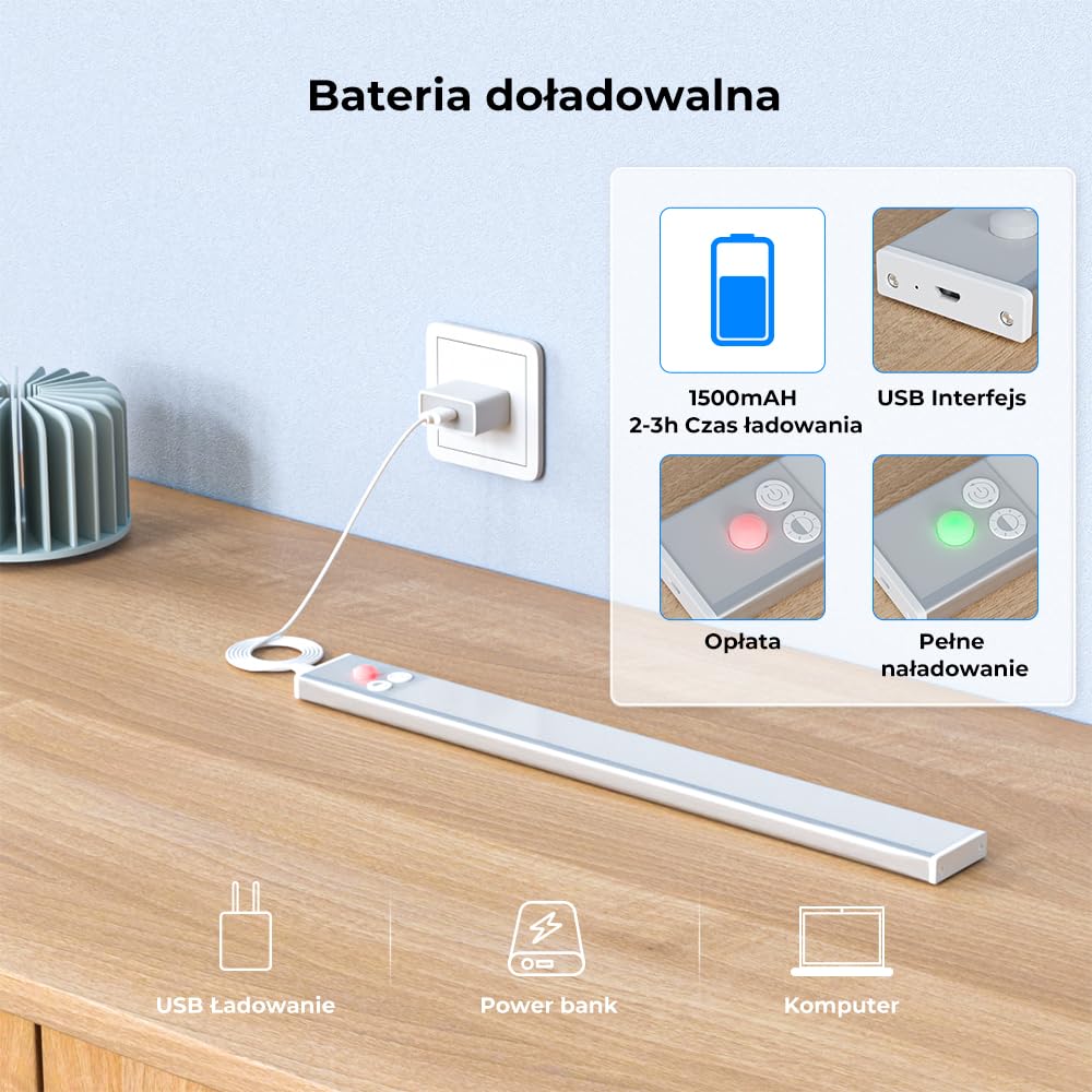 OUSFOT Oświetlenie Szafek 30 cm 2 sztuki, 3 Temperatury Barwowe, Regulowana Jasność, Czujnik Ruchu, ładowanie przez USB, nadaje się do szafek, gabinetów i schodów