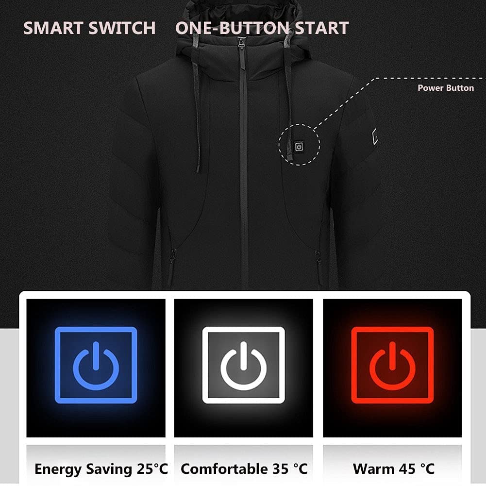 5 Zone di Riscaldamento Giacca Riscaldata USB Scalda Corpo Elettrico con Cappuccio Riscaldato Cappotto per Caccia Equitazione Sci Pesca Campeggio,Nero,XL