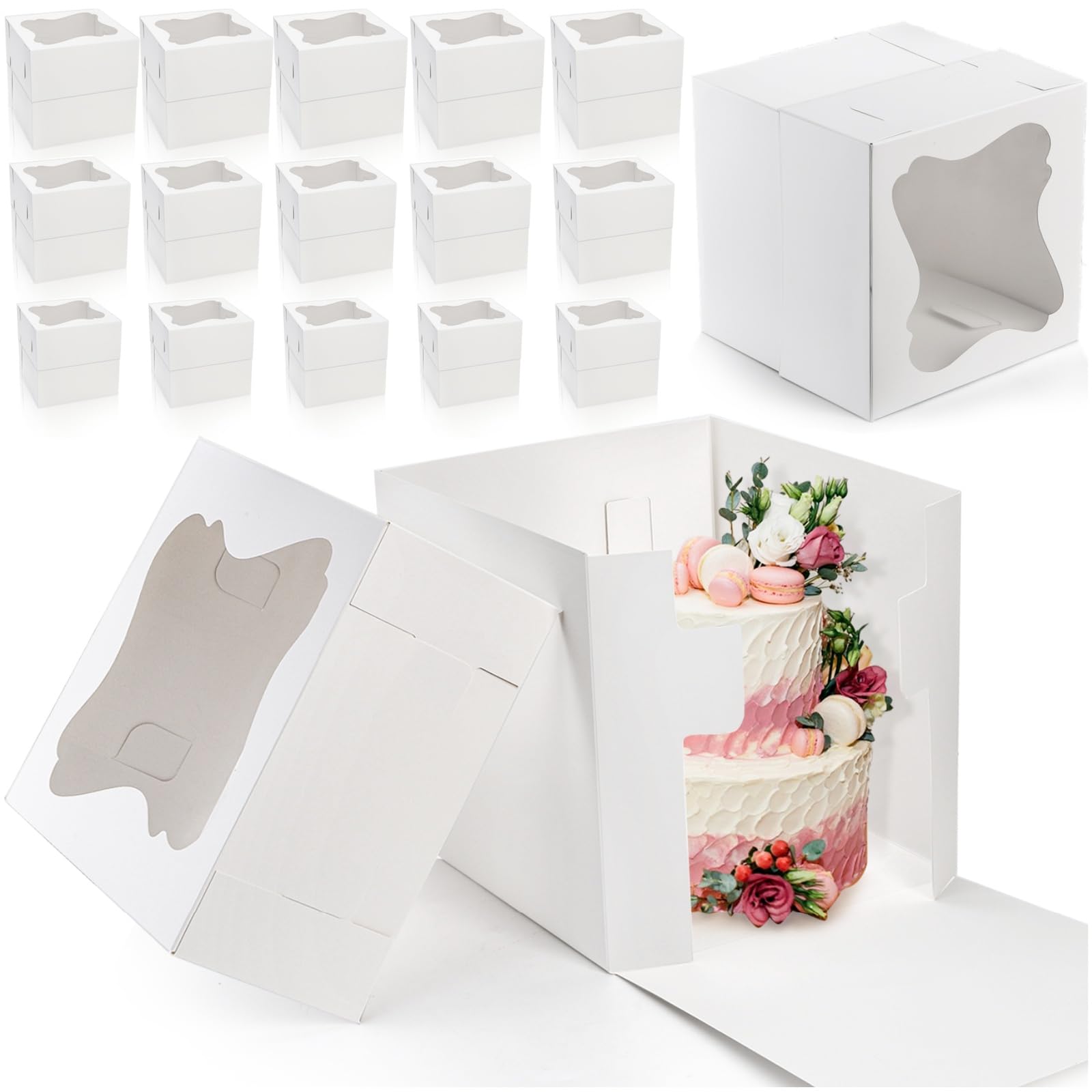 Pumtus 15 Pack White Tall Cake Box with Window, Square Cake Box in 3 Sizes 12x12x12 & 10x10x10 & 8x8x8, Cardboard Bakery Container, Disposable Dessert Carrier, Pie Take Out Box for Birthday Wedding