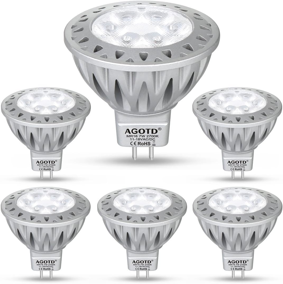 AGOTD Lampadina LED GU5.3 MR16, 7 W, 2700 K, luce bianca calda, sostituisce faretto alogeno da 50 Watt, angolo di diffusione 38°, 12 V AC/DC, confezione da 6, BL-MR16YF6K-7W