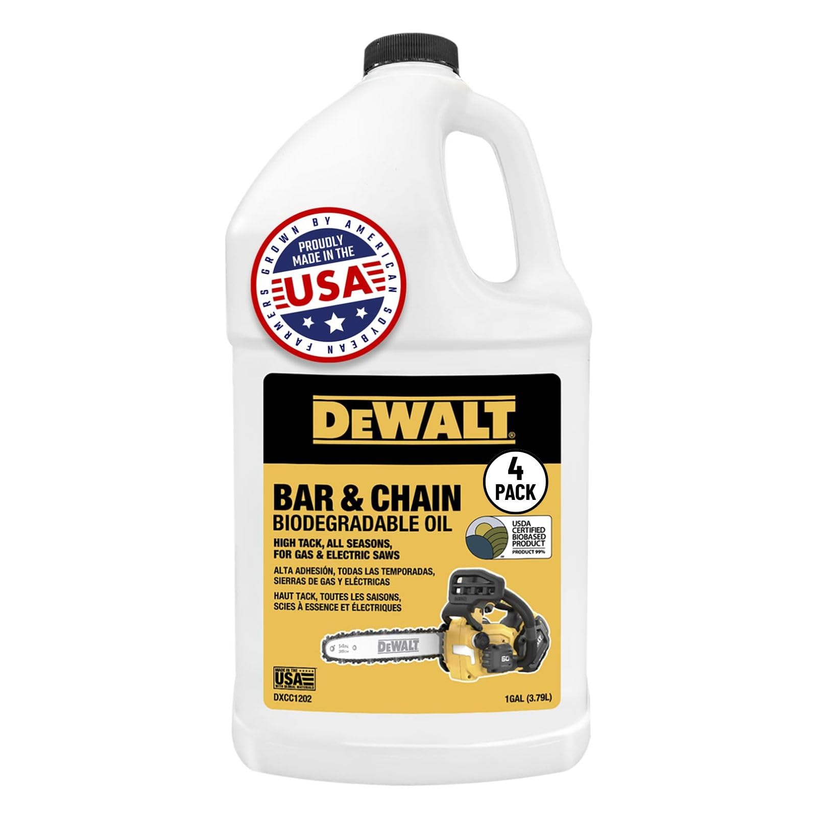 DEWALT – Biodegradable Bar &amp; Chain Oil – Green, Eco-Friendly, Non-Toxic Professional Bar &amp; Chainsaw Lubricant (1 Gallon (Case of 4))