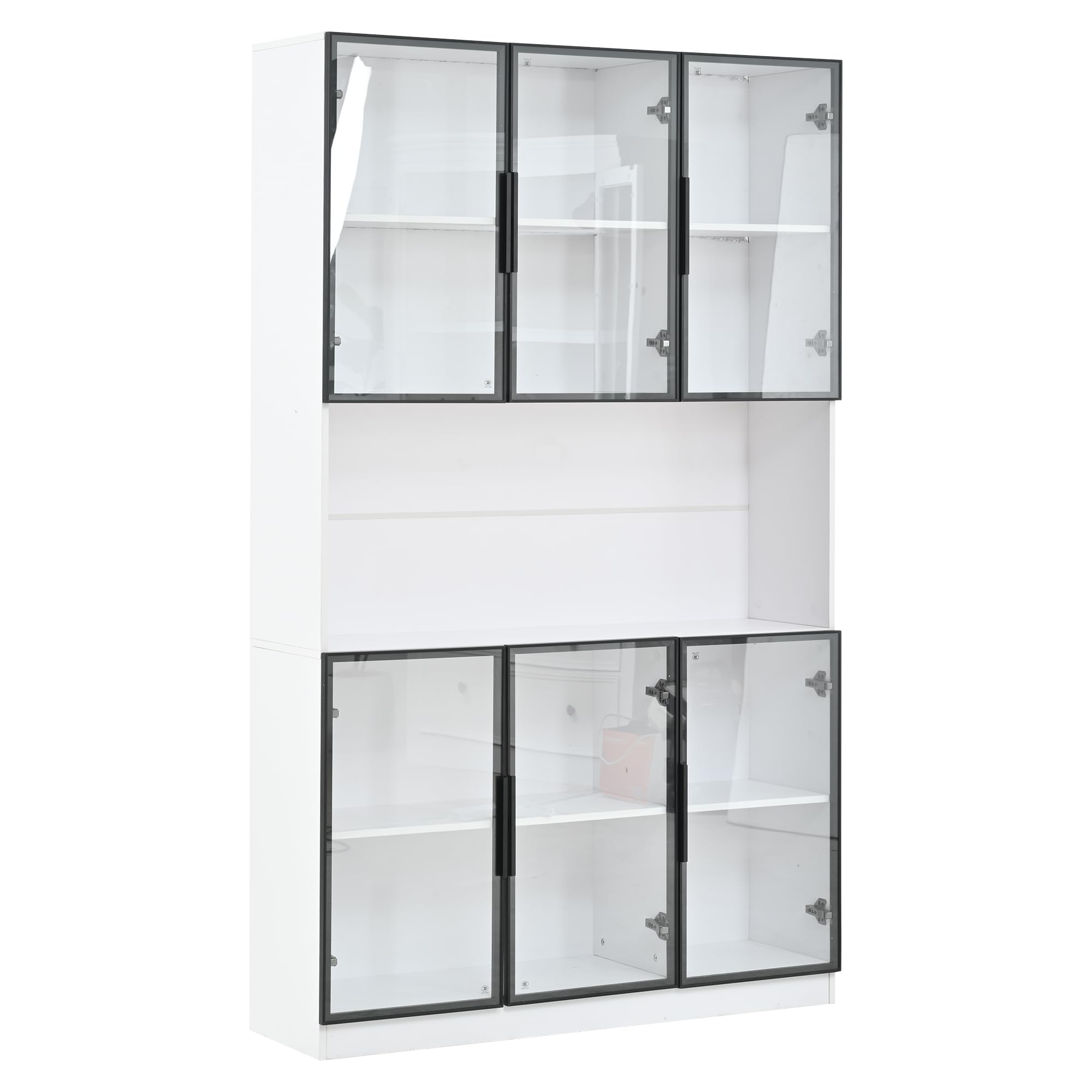 Vitrina de 120 x 34 x 200 cm, vitrina de pie con 6 puertas, zona de almacenamiento libre, armario alto, vitrina de cristal con LED, armario de salón de 120 cm de ancho, armario multifunción