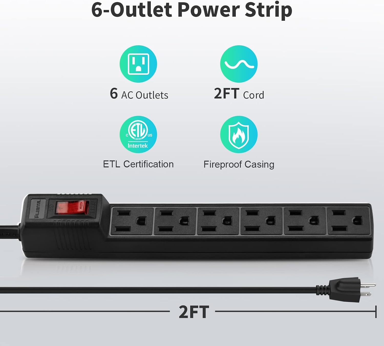PLUGTUL Power Strip Surge Protector 2-Pack - 6 Outlets & 2 Ft Extension Cord, 1875W/15A 90 Joules, Overload & Surge Protection, Wall Mount for Home Office, ETL Listed Black