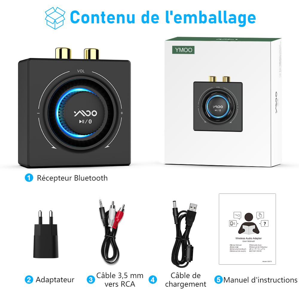 YMOO Recepteur Bluetooth 5.3, RCA 3,5 mm Jack AUX Adaptateur Bluetooth SBC AAC,Stereo Audio HiFi Receiver pour Smartphone, Tablette, Ordinateur Portable, Enceinte Home Cinema,100ft
