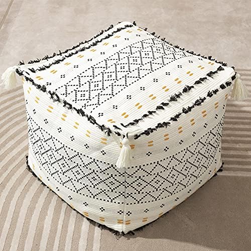 blue page Unstuffed Boho Decorative Pouf Cover Casual Ottoman Square Cube Bean Bag with Tassels & Soft Tufted, Modern Accent Footrest for Living Room, Bedroom, Nursery, Kidsroom, Patio, Black