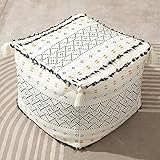 blue page Unstuffed Boho Decorative Pouf Cover Casual Ottoman Square Cube Bean Bag with Tassels & Soft Tufted, Modern Accent Footrest for Living Room, Bedroom, Nursery, Kidsroom, Patio, Black