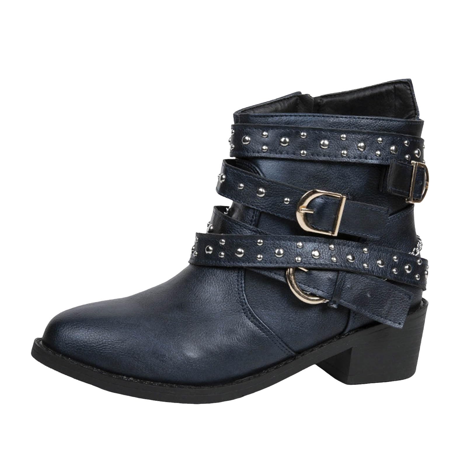 Gothic Boots for Women Vintage Bootie Shoes Womens Goth Leather Chunky Block Heels Slip On Boot Fashion Studded