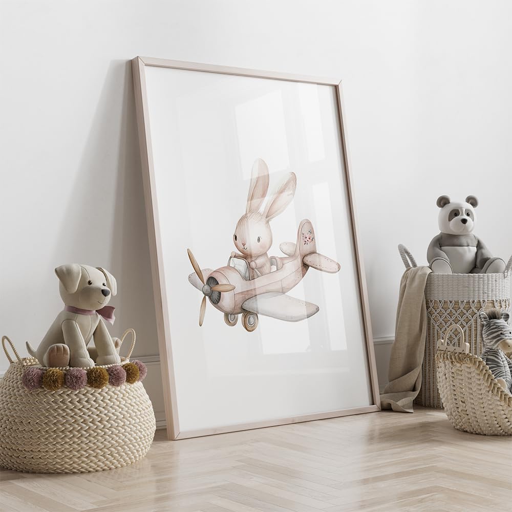 BeiYiHo 3 Affiche Lapin Chambre Fille Poster Lapin Chambre Bebe 30x40cm Tableau Chambre Enfant Fille Boho Deco Chambre Bebe Lune Étoile Montgolfière Avion Rose Poudré Cadeau Toile SANS CADRE