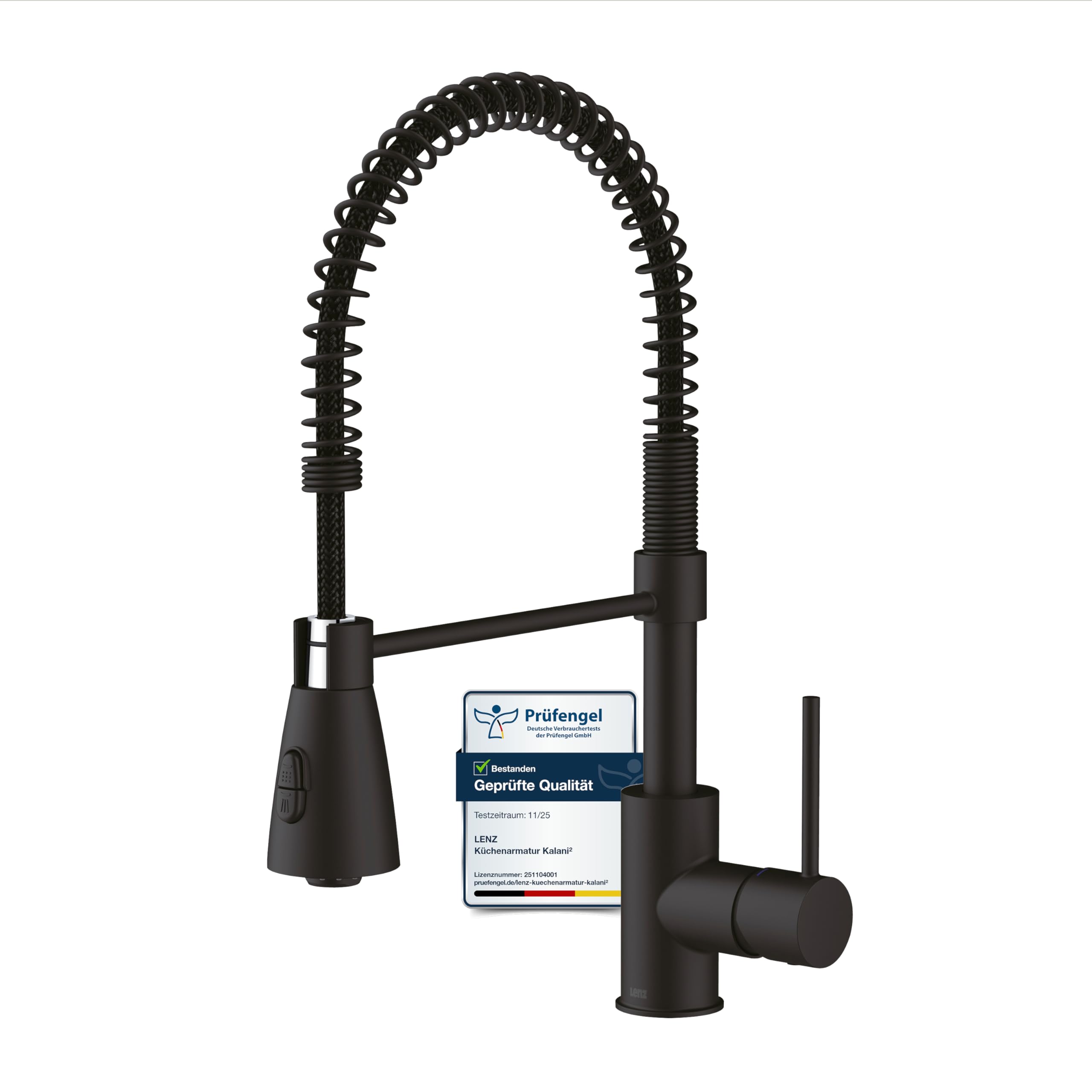 Lenz Küchenarmatur KALANI² in Schwarz-matt – Flexible Federbrause | Geschirrbrause mit 2 Strahlarten, Einfache Montage von oben, Anti-Fingerabdruck Oberfläche, Nickelfrei, Höhe 46 cm, 46070351