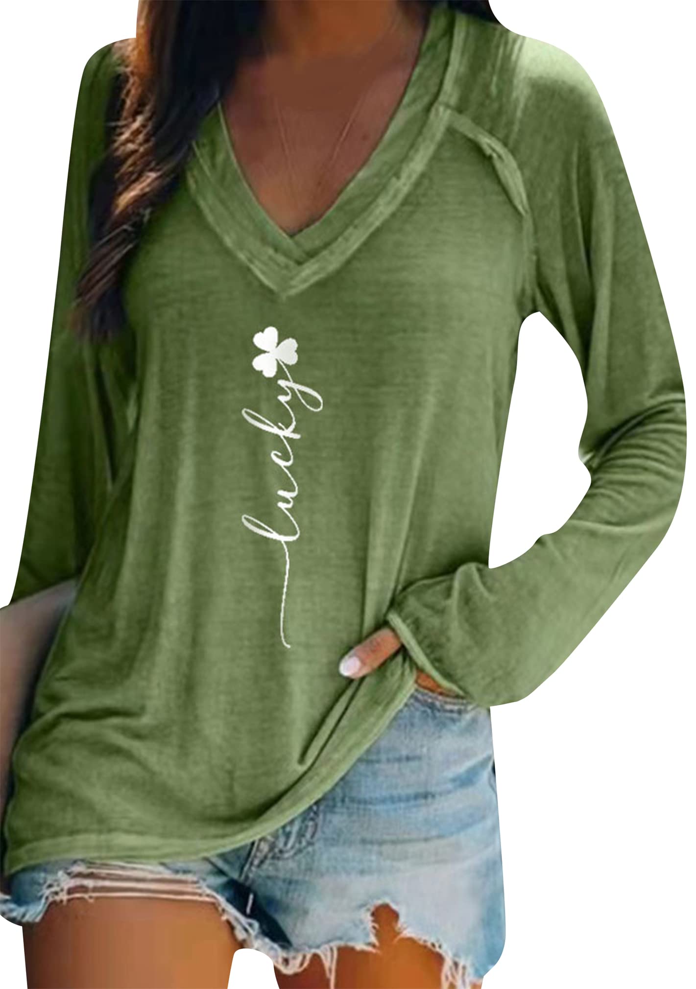 BOFETA Women St. Patrick's Day Tshirt Casual Clover Print Irish Shirt Slim Raglan Long Sleeve Tee Tops Lucky M