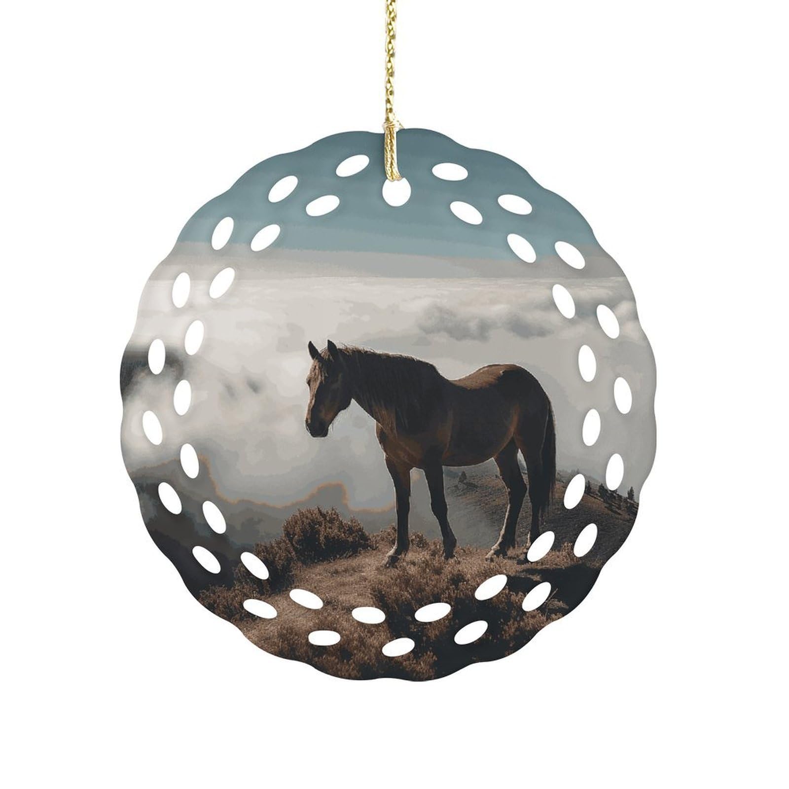 Btcowzrv Style Horse On A Misty Mountaintop Ceramic Ornament,Round Ornaments With Hole Easy To Hang,Hanging Ornament For Wedding Party Home Window Garden Christmas Day Decor