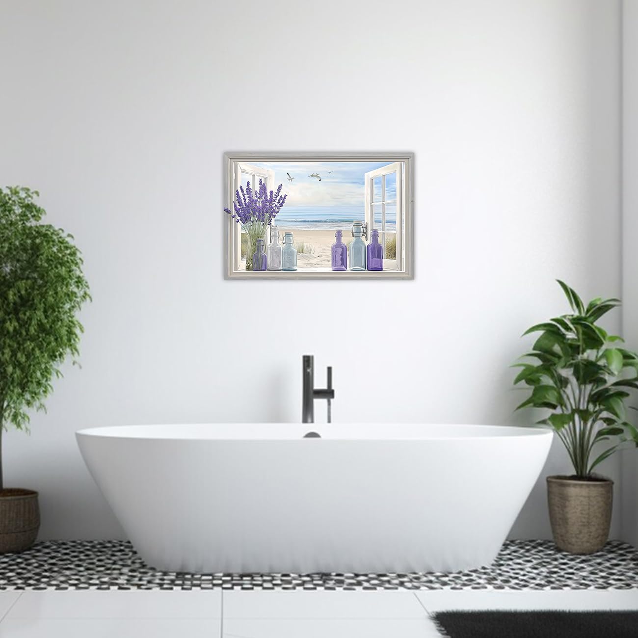 AWPANERAR Beach Window Wall Art Bathroom Decor Purple Lavender in Vase Pictures Rustic Flowers Poster Blue Ocean Prints Coastal Artwork Farmhouse Decor Framed (Purple, (12L x 18W)) image 2