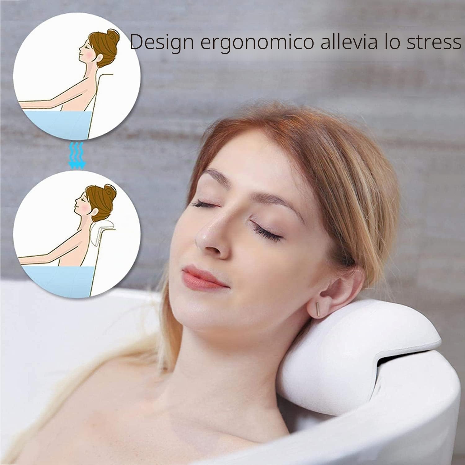 Cuscino da Bagno, Cuscino di Vasca da Bagno in PU con Ventose, Impermeabile Cuscino per Collo Testa Vasca da Bagno, Facile da Pulire, Cuscino Poggiatesta Ergonomico per Tutti i Tipi di Vasca - Bianco