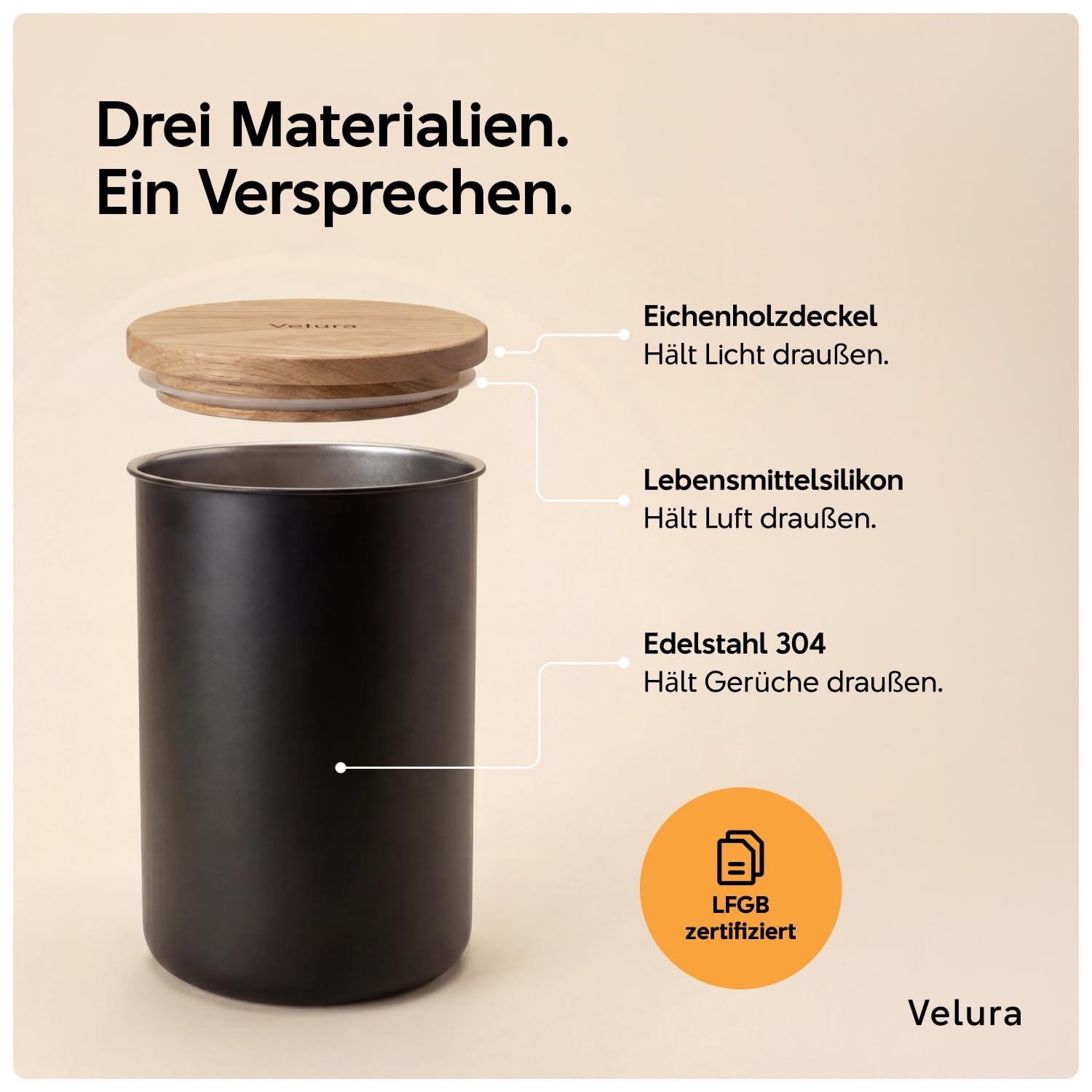 Velura Kaffeedose luftdicht 1kg – Edelstahl mit Holzdeckel, matt schwarz | 3000ml für Kaffeebohnen | Plastikfrei | LFGB-zertifiziert | Entwickelt in Österreich | Maße: 15cm Ø × 20,8cm H