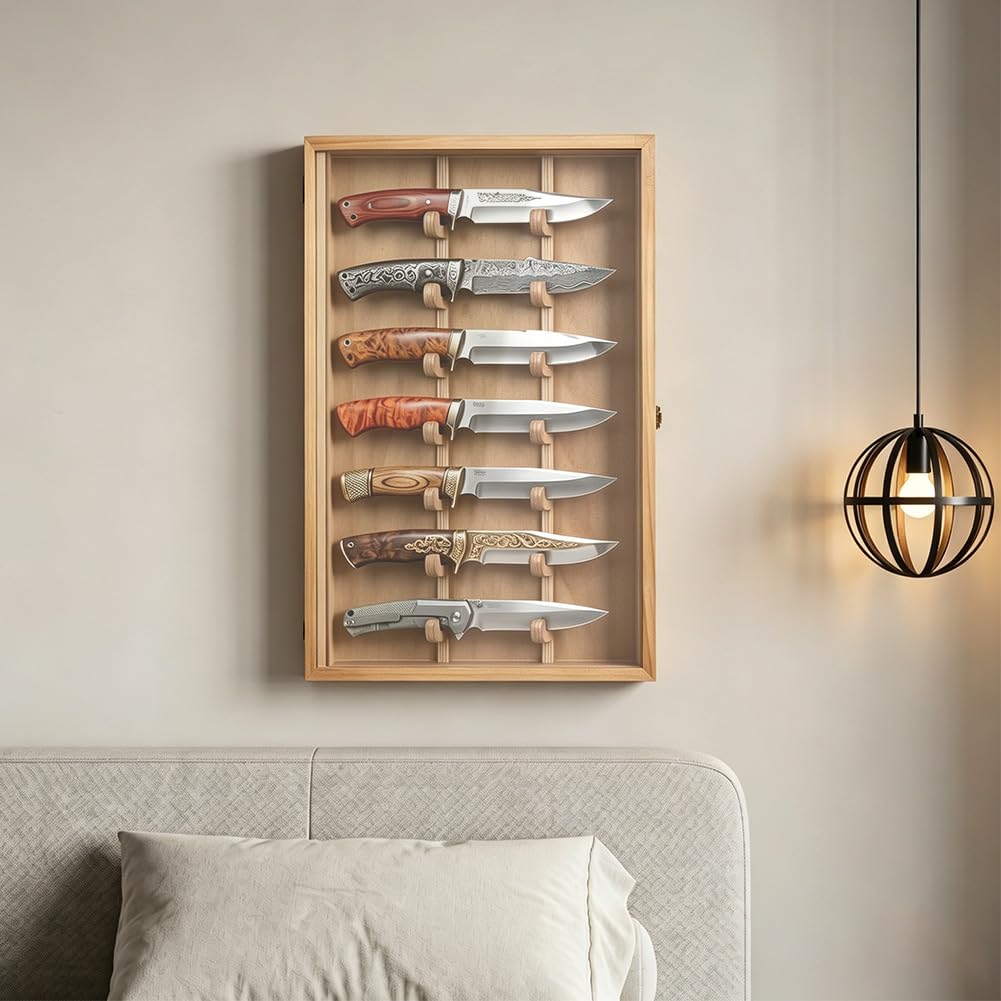 UNICRAFTALE Espositore per coltelli in legno di pino, con coperchio in acrilico visibile con serratura, 43 x 25,5 cm, espositore per la collezione di coltelli, per riporre oggetti in casa