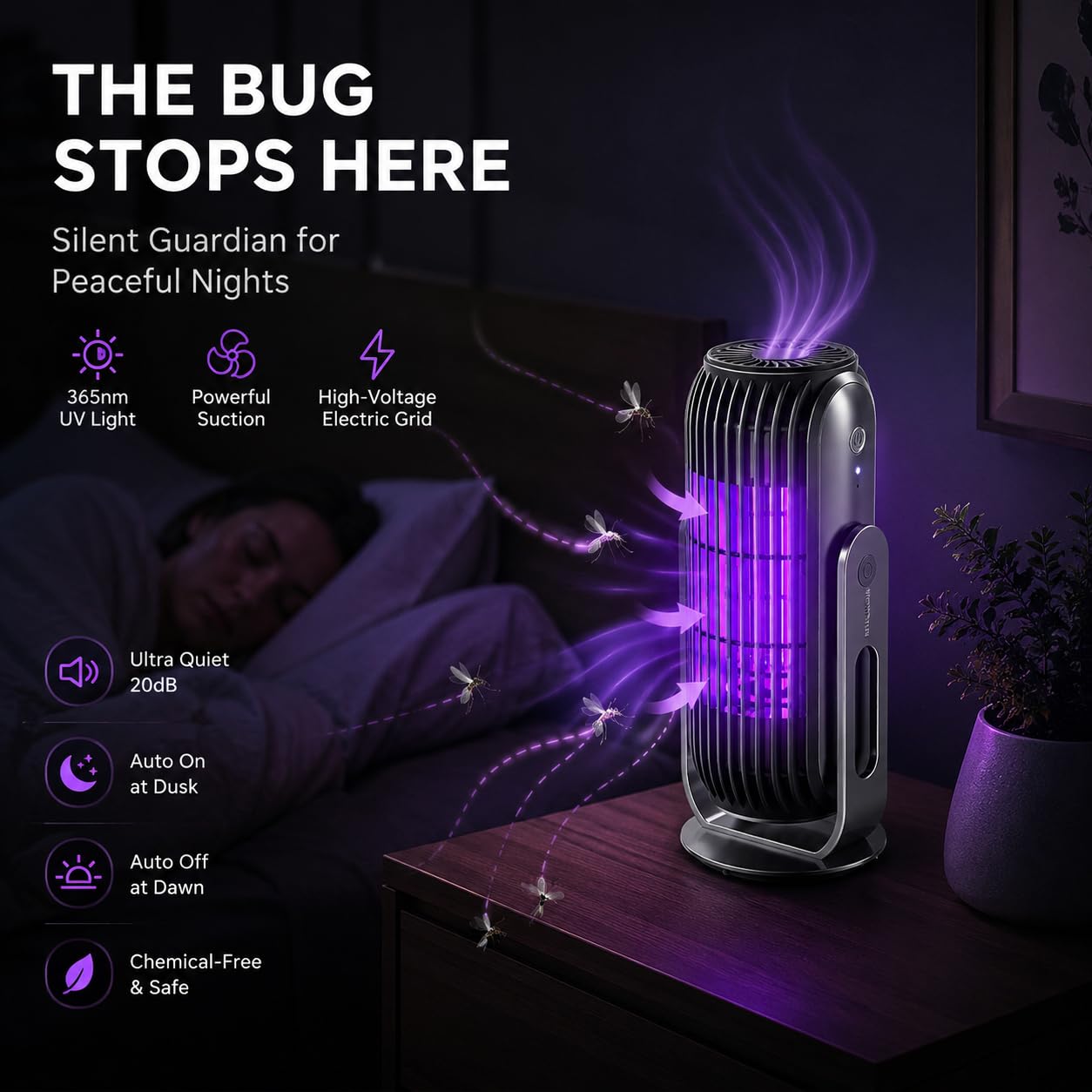 Bug Zapper Indoor Outdoor Moskito Zapper mit LED-Licht Effizient Auto On/Off Elektrischer Insektenvernichter Fliegende Falle Töten Motten/Mücken/Fliegen für Zuhause, Terrasse, Büro, Innenhof (Schwarz)