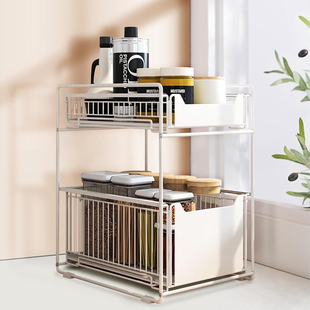 Supfine Rangement sous Évier à 2 Niveaux- Organisateur sous Evier Tiroir Coulissant à Extraction, Rangement et Organisation de Cuisine, Panier de Rangement Multifonction (Blanc, 37.4 * 26.5 * 44cm)