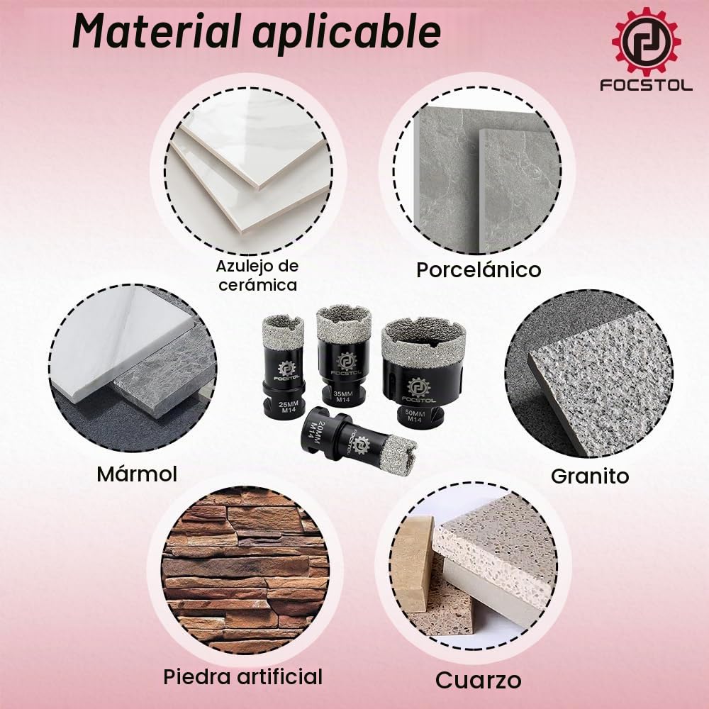 FOCSTOL Broca Diamante Porcelanico - 4 piezas (20/25/35/50mm) Corona Diamante Porcelanico para Azulejos Marmol Ceramica M14 Rosca