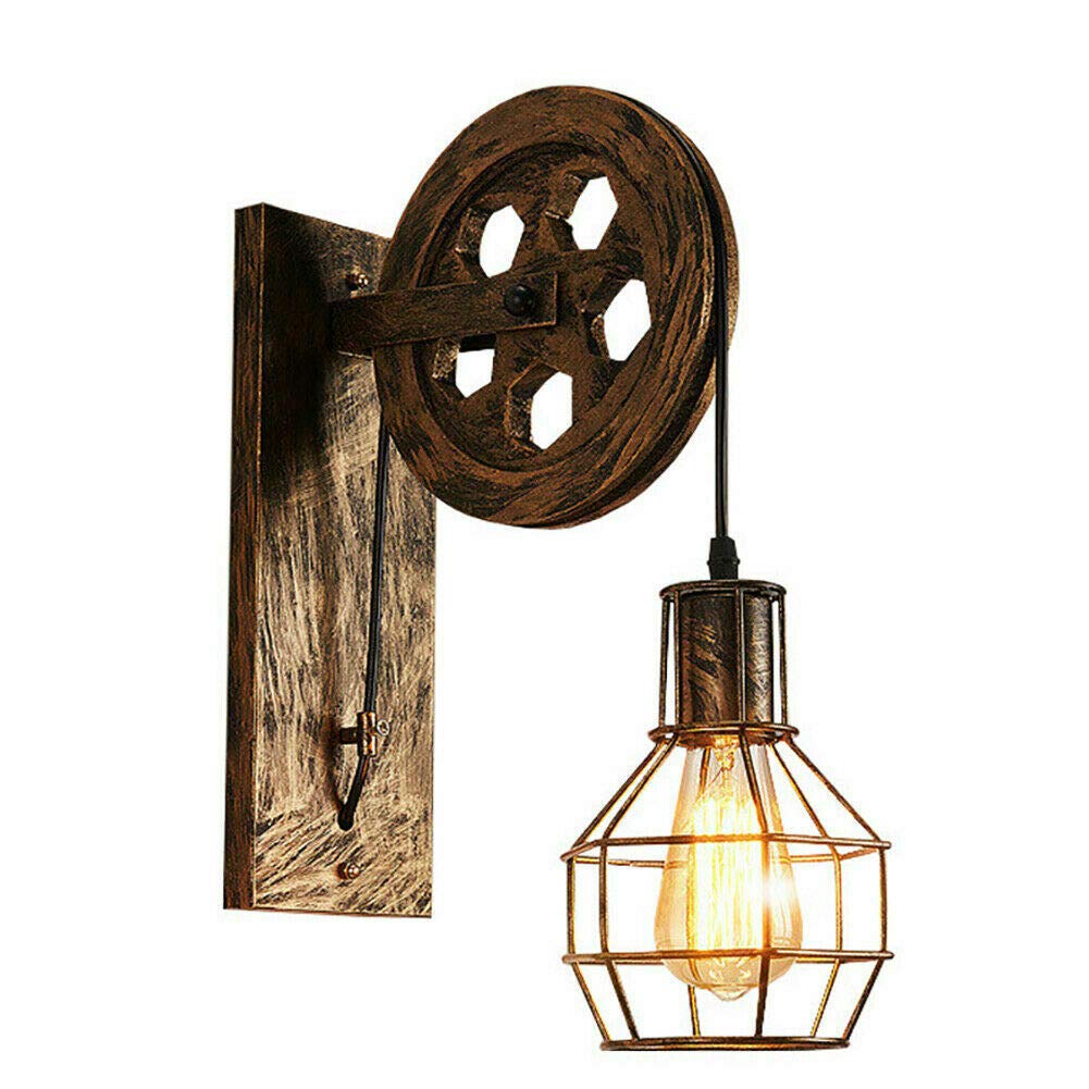 Ledsone Brushed Copper With Bulb Industrial Wall Light Loft Pulley Wheel Lamp Retro Wall Sconce Fixture E27 Bulb Base With Wire Cage For Indoor Light Home, Café, Kitchen, Restaurant (Brushed Copper With Bulb)