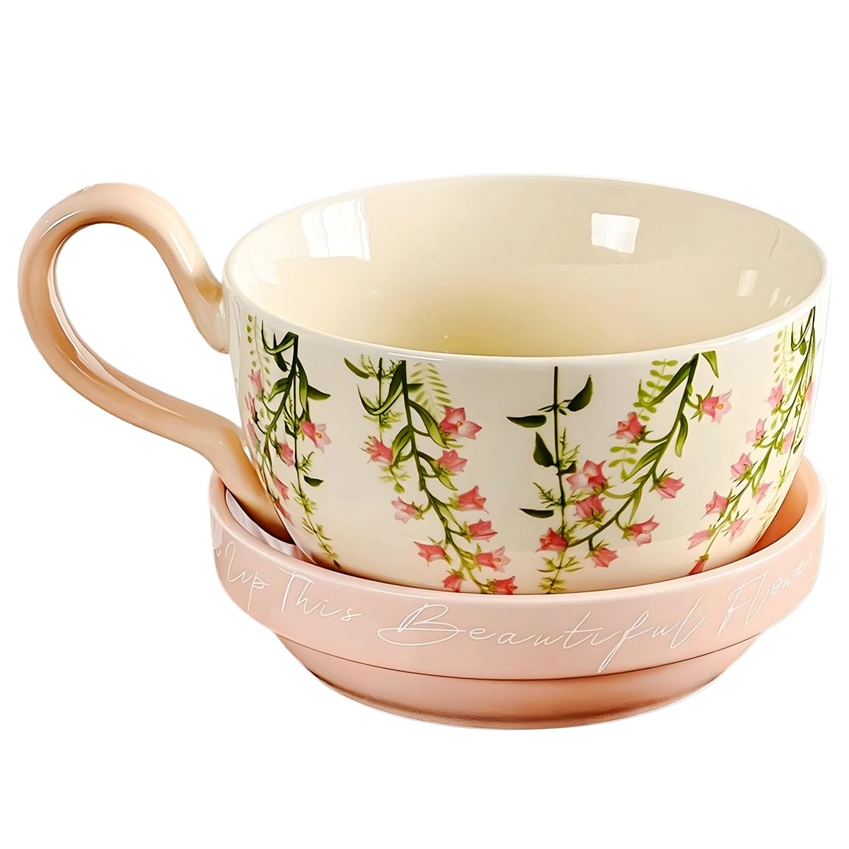 Microwavable Soup Bowl with Handle, Hand Painted Pink Lily of the Valley Decorative Soup Bowl with Handles, Ceramic Soup Bowl with Lid for Holding Fruits Cereal Snack, Chili, Ice Cream, Stew and Salsa