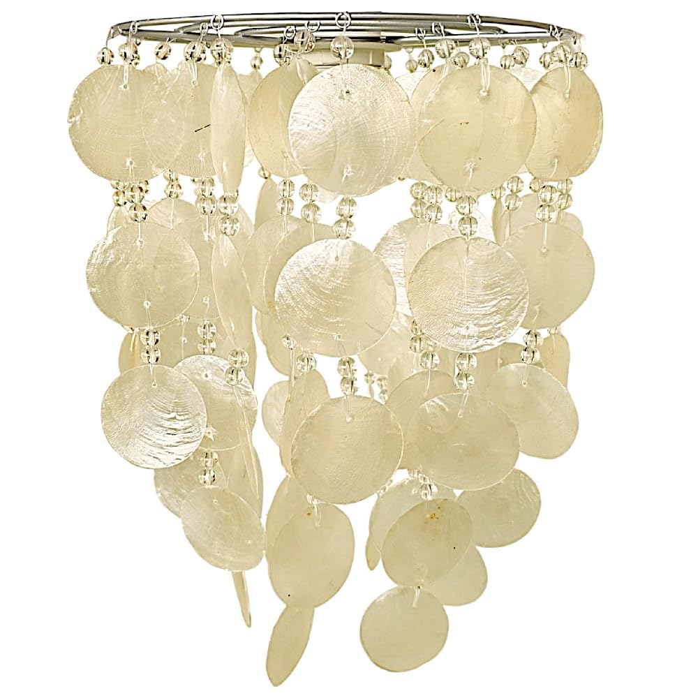 Lighting Shell Pendant Lampshade, 25 x 30 cm, Natural Capiz with Crystal Beads, Modern Ceiling Light for Bedroom