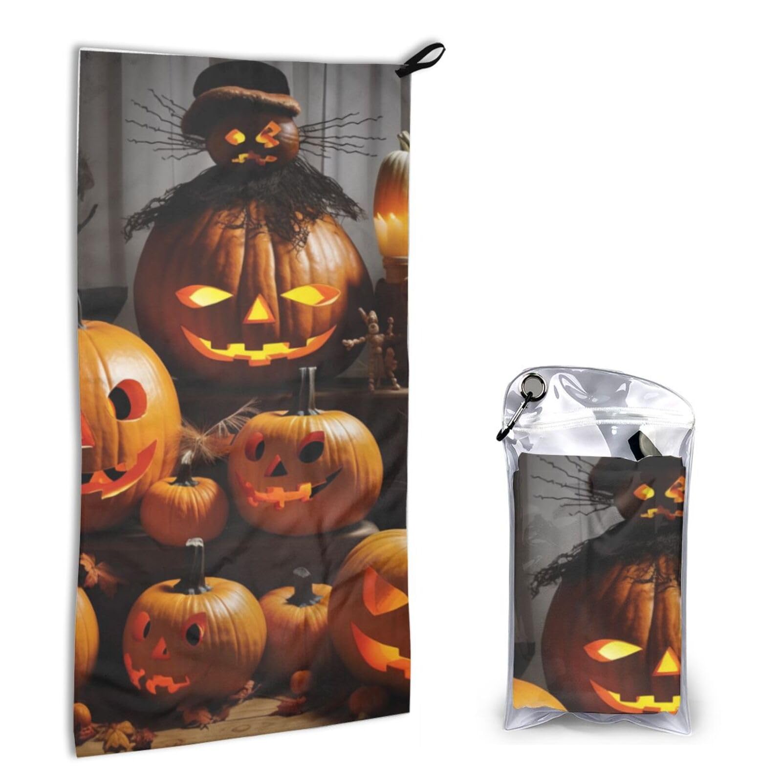 BWWHCCTI Quick Dry Hand Towel With Bag - Halloween Pumpkins Printed Super Absorbent Face Cloth Microfiber Travel Sports Towels 40x80cm