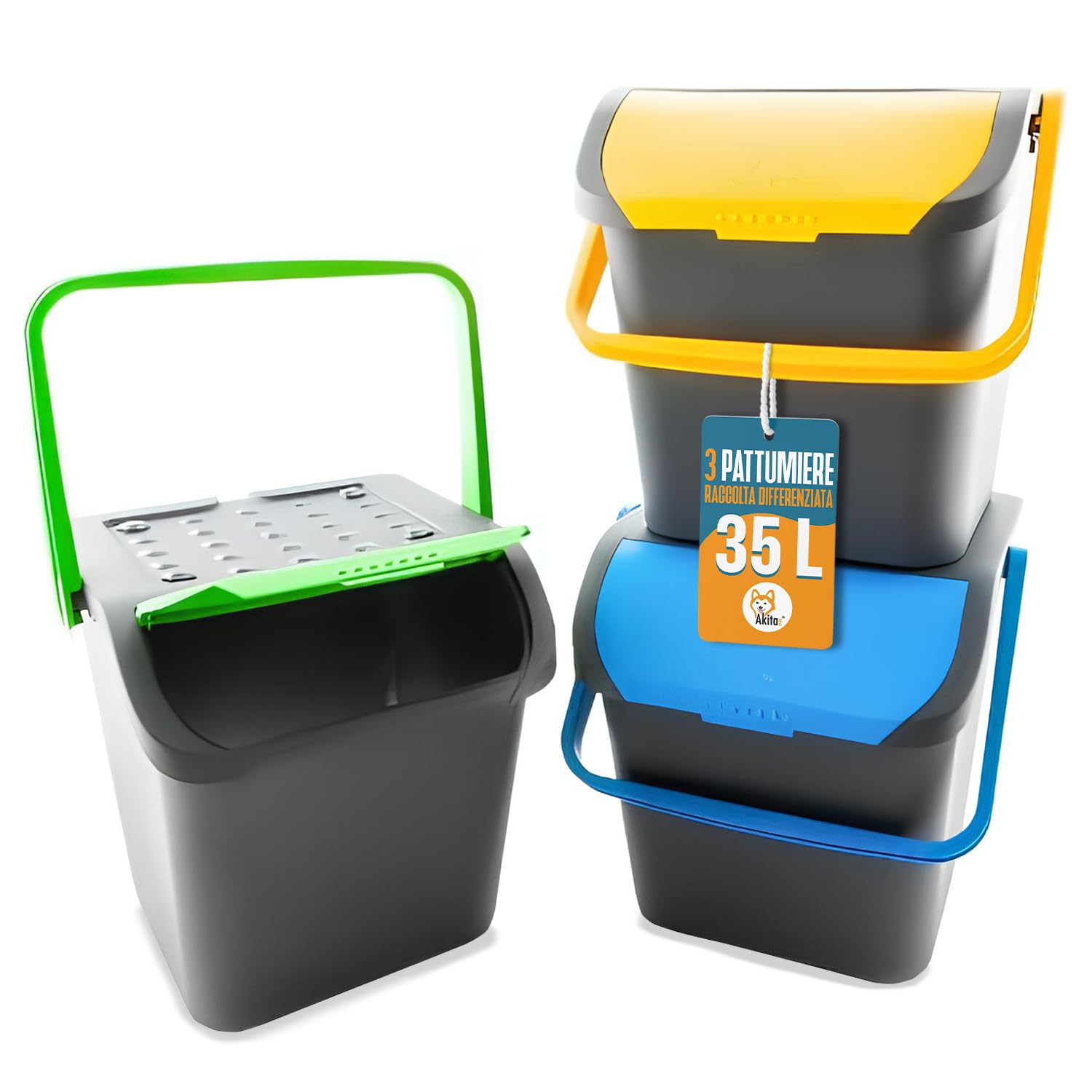 AKITAInk - Set 3 Pattumiere da 35 Litri Differenziate AKIPATPOP3 Cestini e Bidoni Componibili per Interni ed Esterni con Manici Resistenti, Impilabili e Design Ecologic Made in Italy
