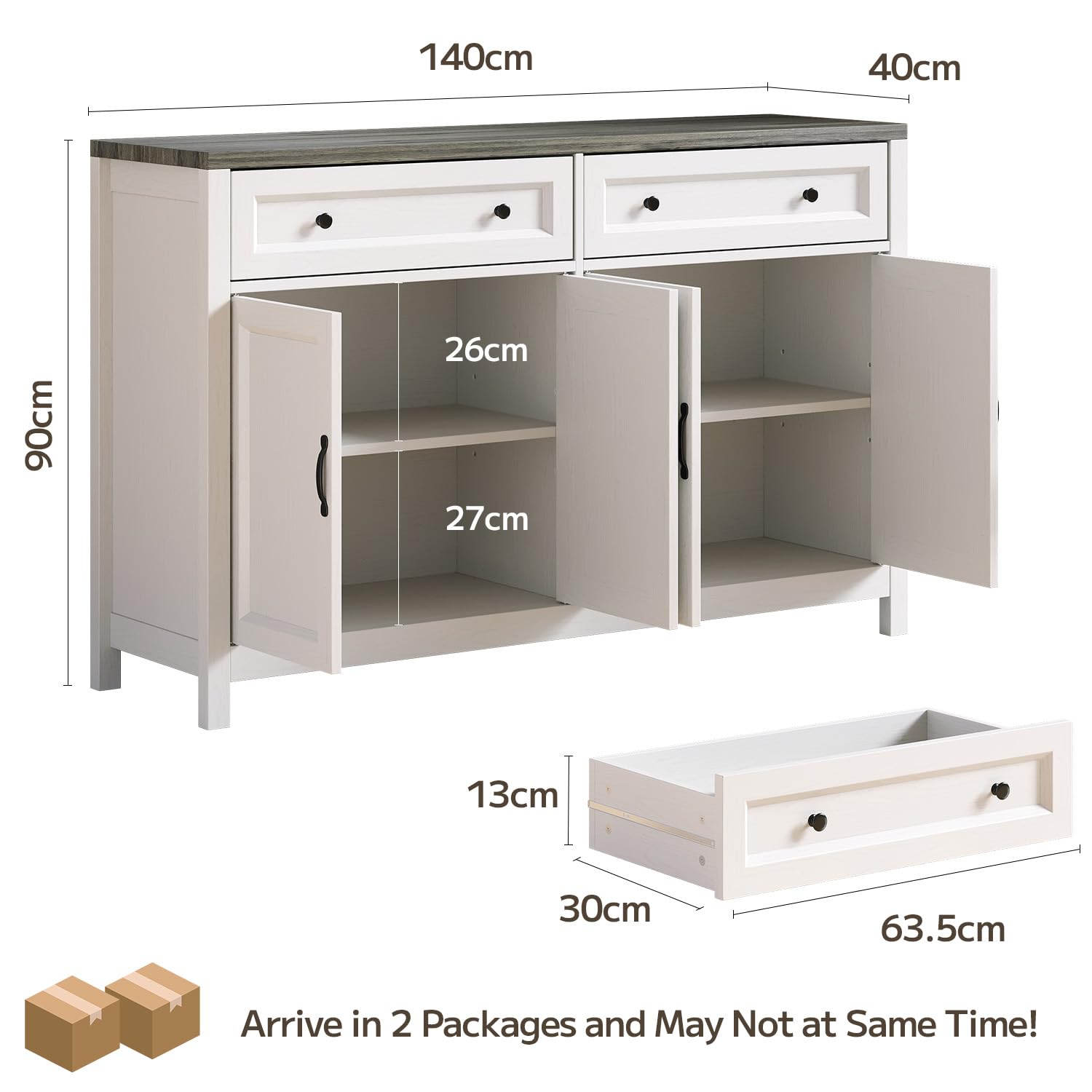 Sideboard, Küchenschrank mit Arbeitsplatten, Küchenbuffet Aufbewahrungsschrank mit 2 Schubladen und 4 Türen, für Wohnzimmer, Küche, Esszimmer, 40 x 140 x 90 cm, Grau