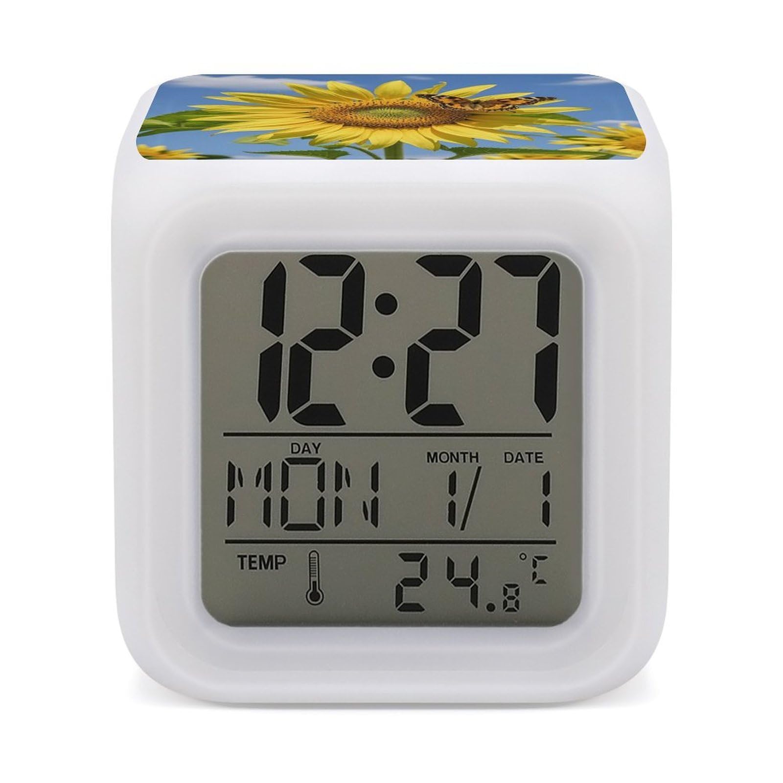 LZQPOEAS Sunflower and Butterfly Alarm Clock Desk Clock with 7 Color Changing Night Light Digital Clocks with Temperature Display Sleep Training and Sound Machine for Heavy Sleeper