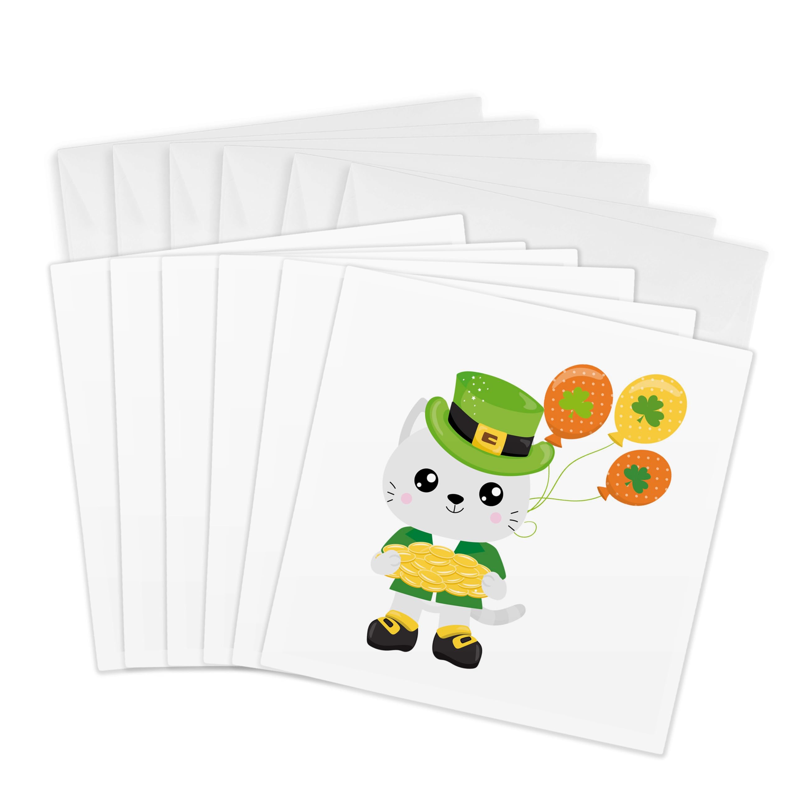 3dRose Greeting Cards - Cute Irish Cat With Gold Coins and St Patrick Day Balloons - 6 Pack - St. Patricks Day