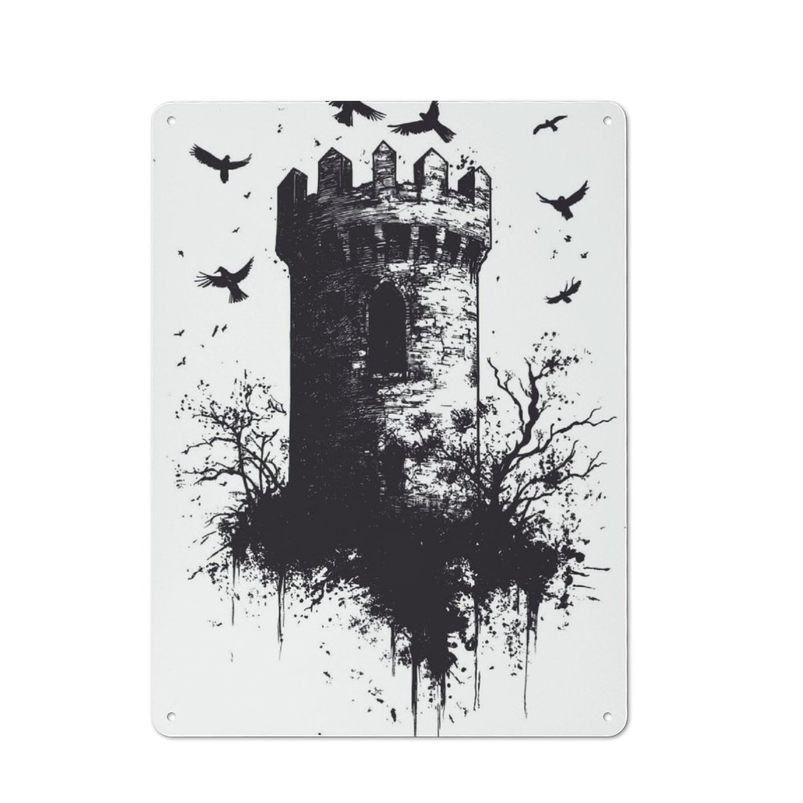 Character Decorative Tin Plaque 40x30cm Featuring Gothic Tower with Crows, Home Wall Decor for Flat, Dorm Room, Lounge Or Cafe