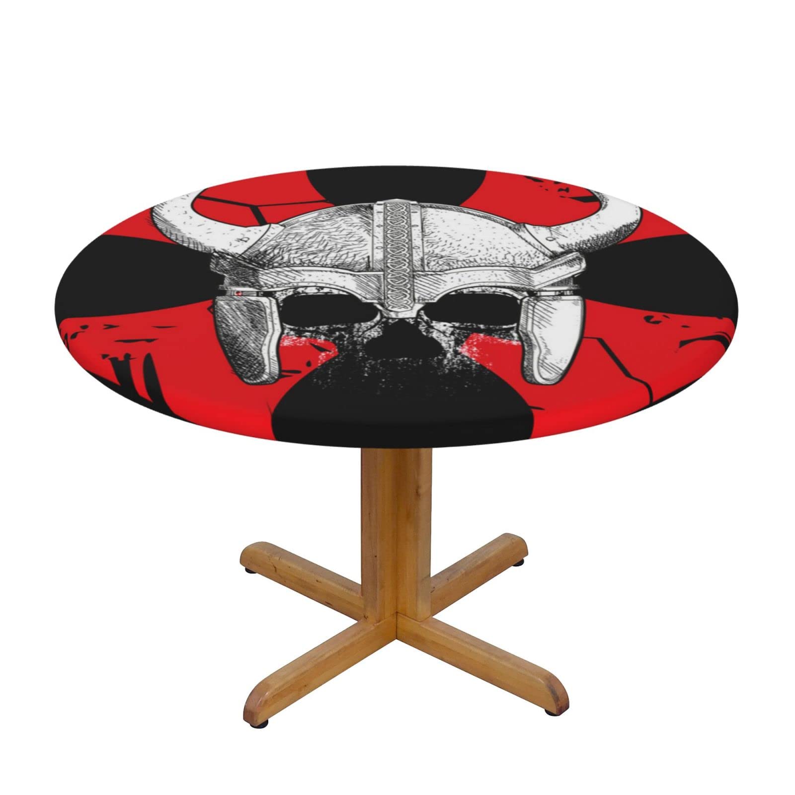 Lsjuee Round Fitted Tablecloth 40-44in Elastic Edged Table Cloth for Kitchen Dining Party Home Decor - Viking Skull Warrior Red