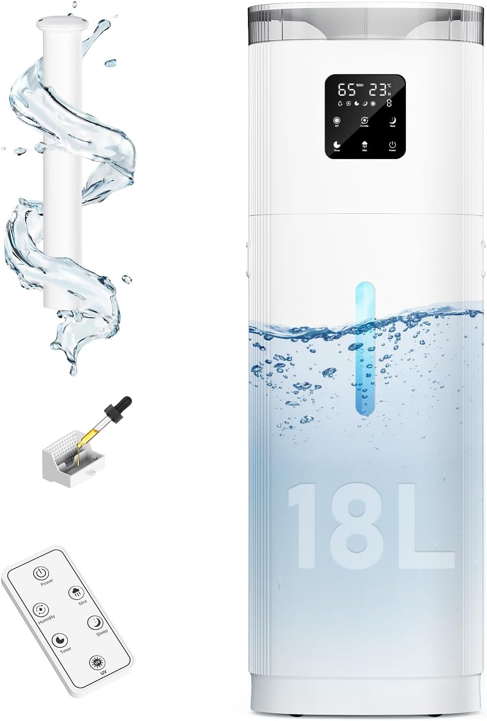 Humidifier Large Room, 4.8Gal/18L Top Fill Whole House Humidifier for 2000 sq.ft, 800ML/H Cool Mist, 30%-95% Custom Humidity, Extension Tube, Remote Control, Aroma Box, Quiet Humidifiers for Home 4.8Gal/18L-US-White