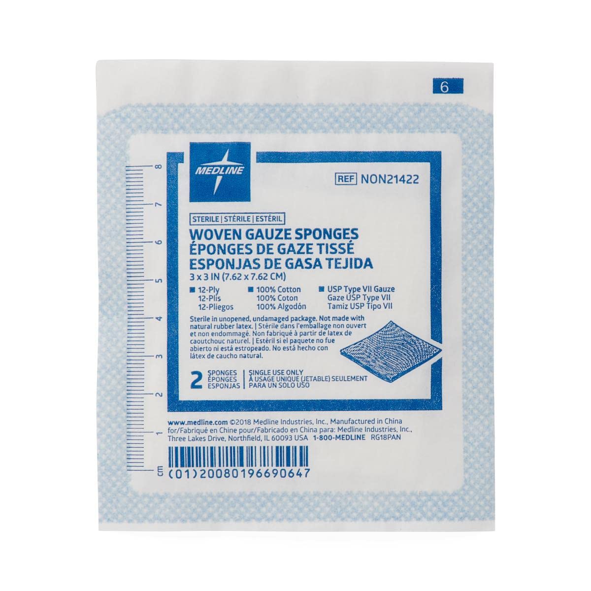 Medline Woven Sterile Gauze Sponges, 3 x 3 Inches, 12-Ply, Pack of 2
