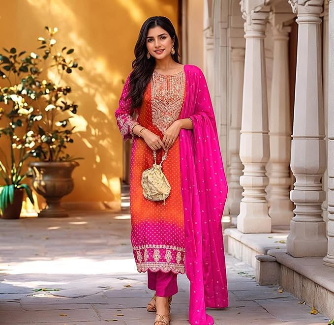 Festliche Chinon-Seide für Damen mit bestickter gerader Kurta mit Hose und Seidenmischung, bedruckte Dupatta-Sets