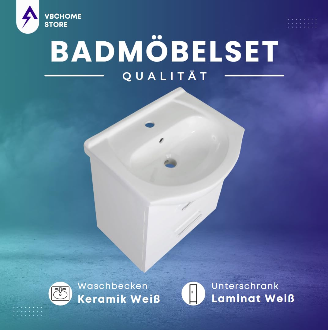 VBChome Set di mobili da bagno 50 x 53 x 43 cm con lavabo in ceramica e pensile con 2 cassetti - Compatto, funzionale ed elegante per piccoli bagni