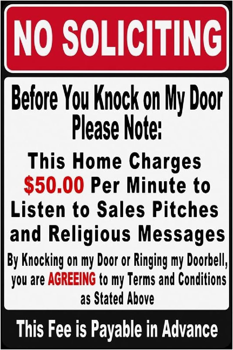 SMAZDFXX Funny No Soliciting Metal Warning Tin Signs, Before You Knock on My Door Please Note, Yard Sign Garage Farm Garden Wall Decor Plaque Outdoor for Home Fence Accessories 12"x16"