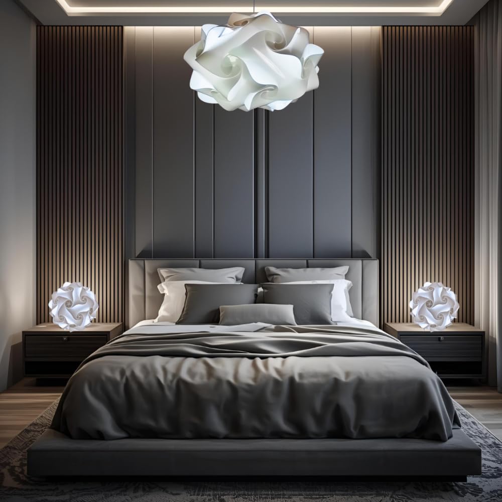 Lampadesign ® Bellissimo Set illuminazione moderna Camera da letto Lampadario design moderno Ufo 50 cm + 2 Lampade sfera comodino comodini Abat jour di design bianco Lampadina Luce fredda led puzzle