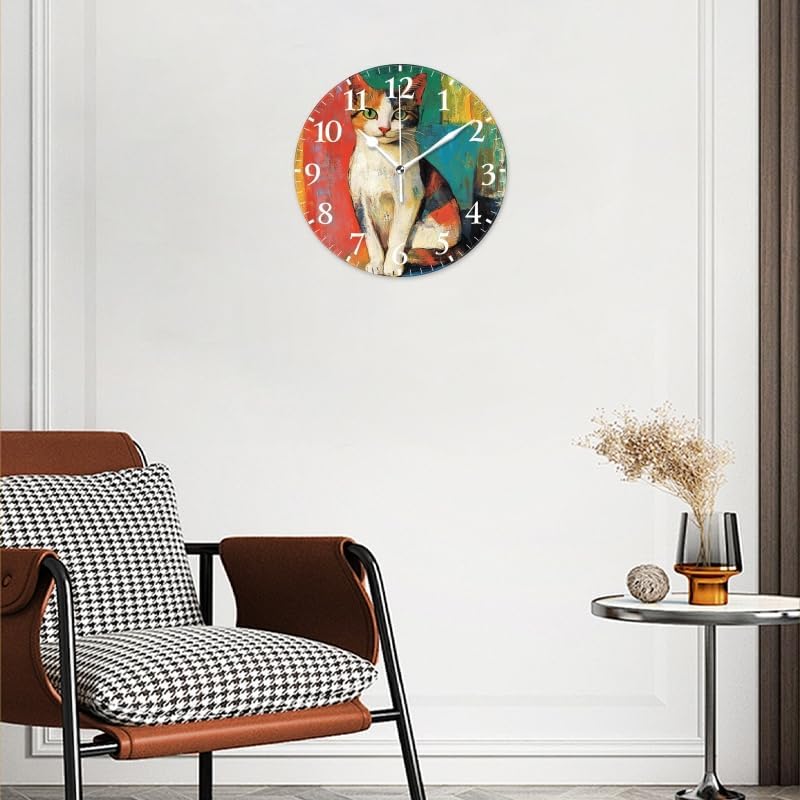 Battery Operated Round Wall Clock Non-Ticking Silent Analog Clcok Decorative for Living Room,Office,Kitchen-Colorful Cat Beautiful 1(16inch)