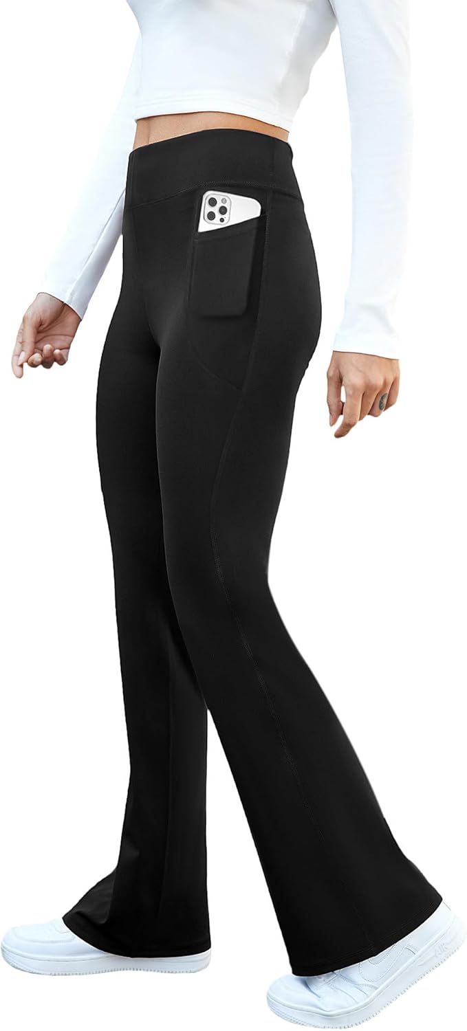 keriffe Women's Flare Yoga Pants with Side Pockets High Waist Casual Bootcut Leggings Tummy Control