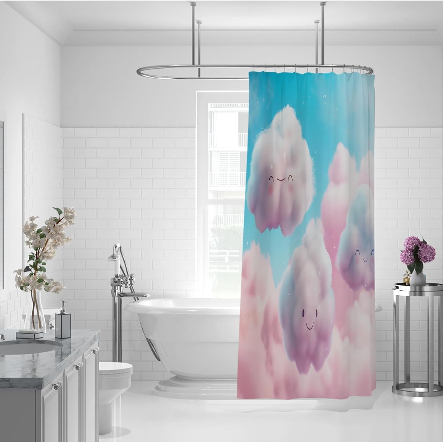 Kawaii Japanese Shower Curtains Candy Pink Smiling Clouds Cartoon Whimsical Style Waterproof Washable Funny Shower Curtain Liner with Hooks W72xL84in