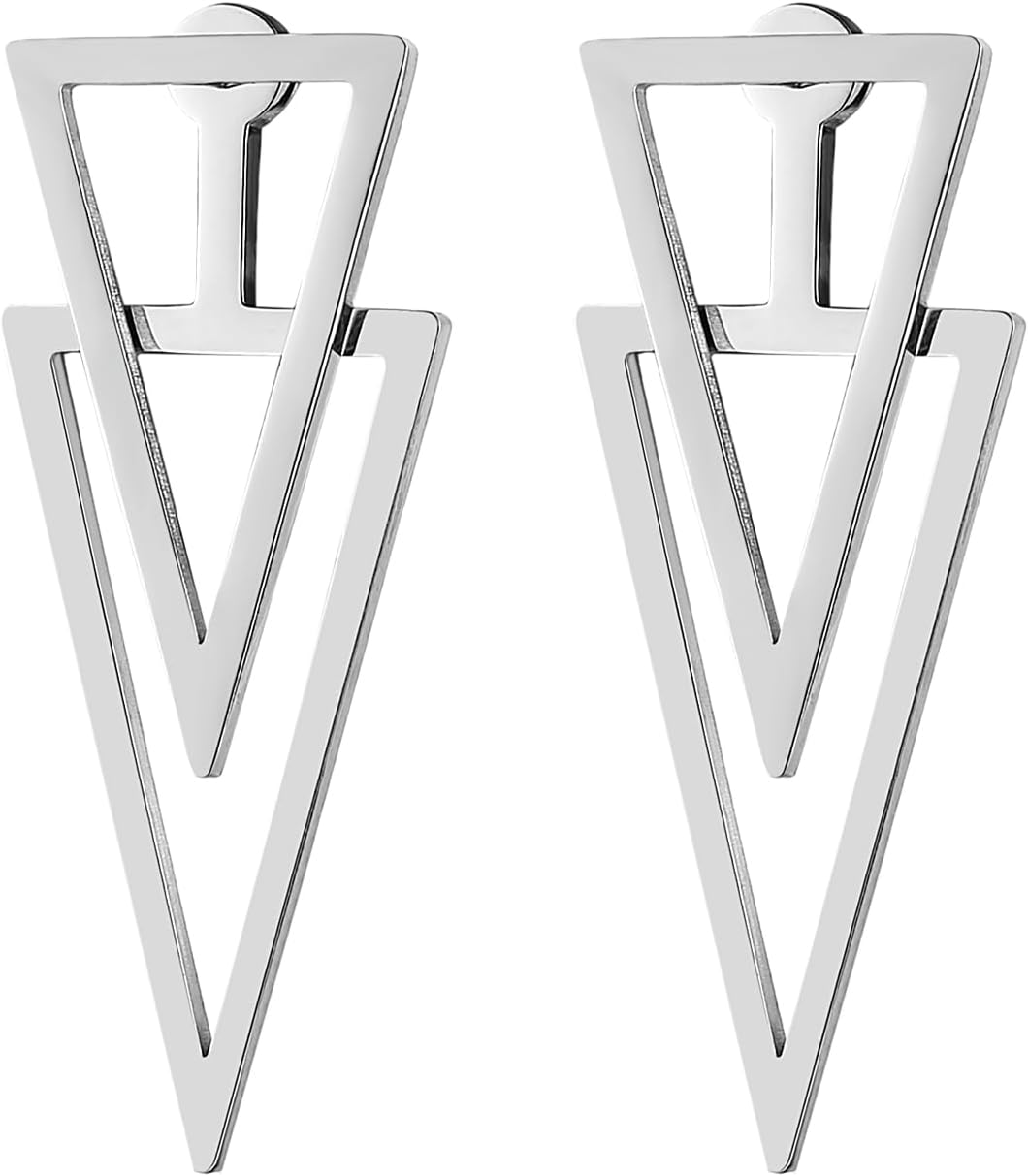 HZMAN Silver Stainless Steel Triangle Earrings for Women Hypoallergenic Stud Earrings