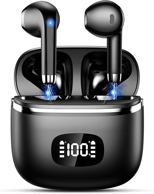 Wireless Earbuds, Bluetooth 5.3 Headphones HiFi Stereo with ENC Noise Cancelling Mic, Wireless Headphones 40H Playtime With LED Display, Touch Control, IP7 Waterproof Bluetooth Earphones, Black
