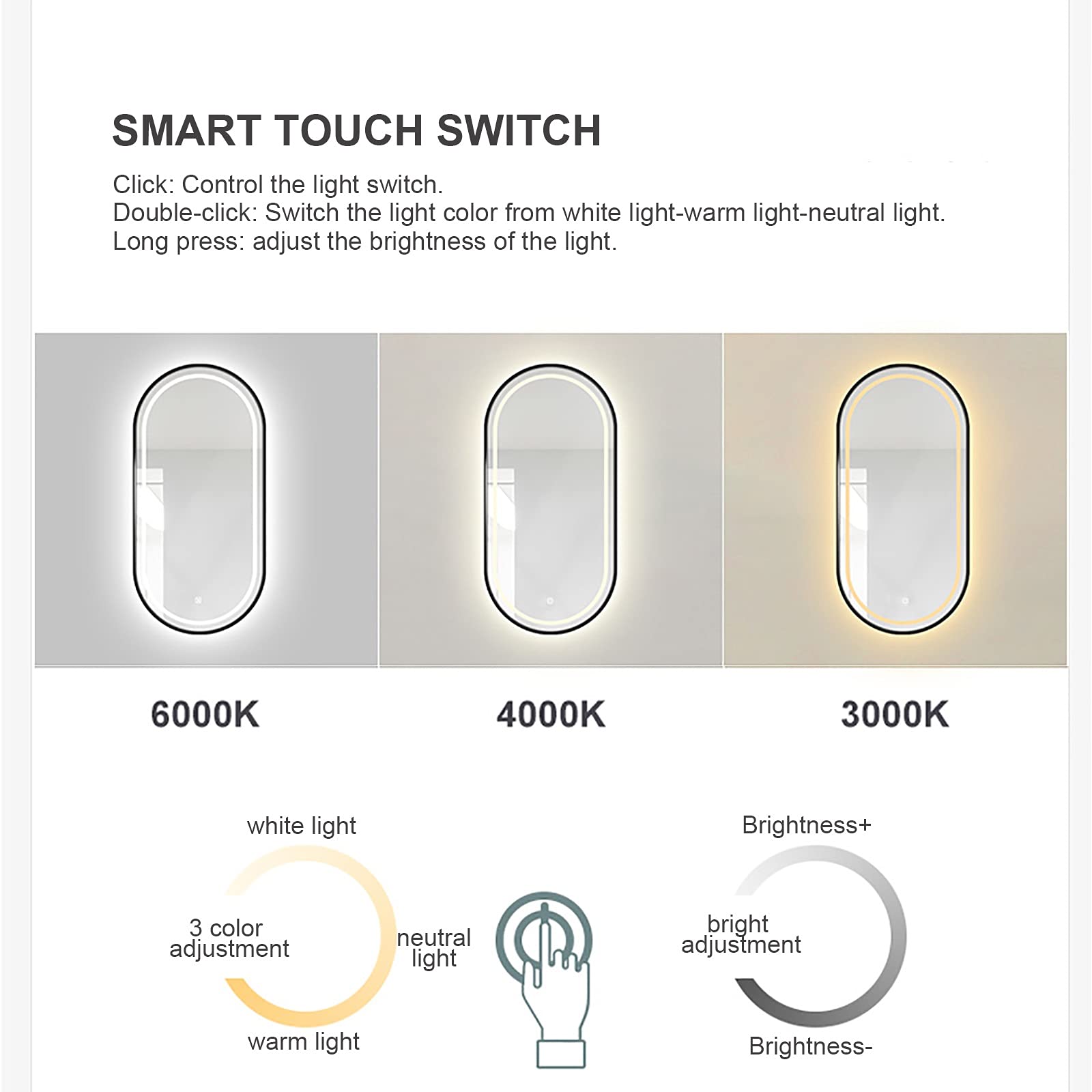 Specchio Espejo de baño LED de pared con interruptor táctil regulable y Cambio de Color, Espejo de tocador con Marco de Metal para baño, Espejo de baño Grande (50,8 x 89,4 cm)
