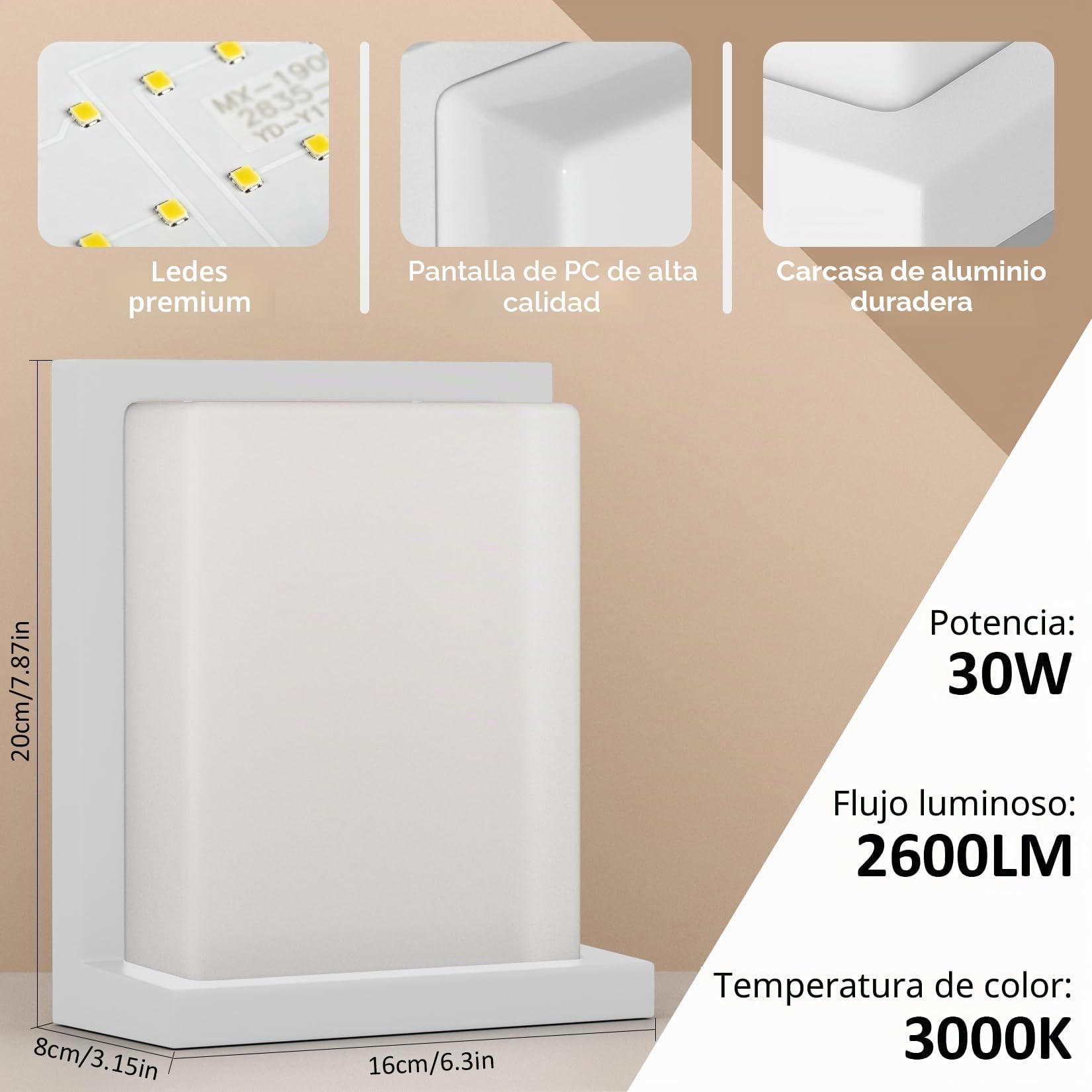 Klighten Lámpara LED para exteriores de 30 W, aplique blanco cálido de 3000 K, lámpara para exteriores IP65, aplique de aluminio para terraza, jardín, Blanco
