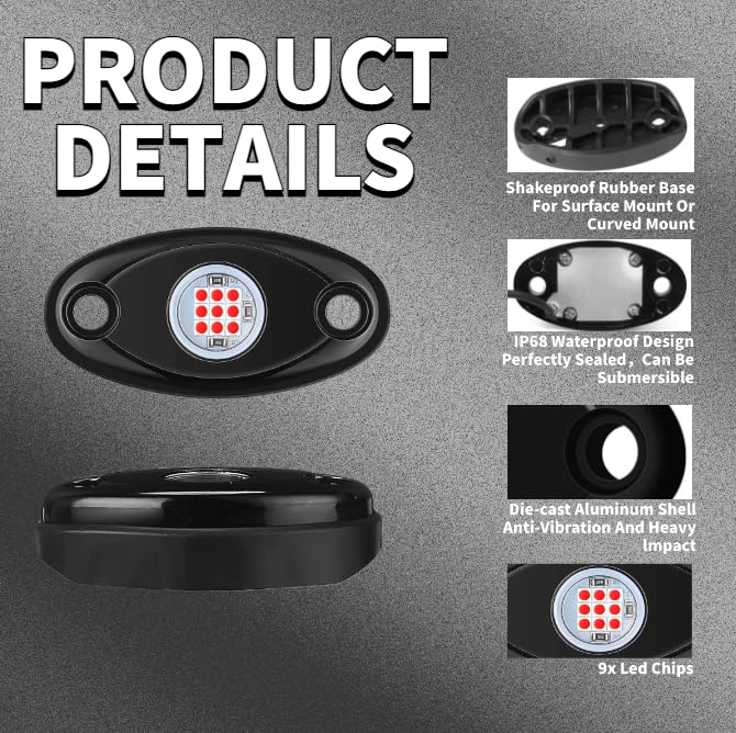 Image of Red Rock Light 12pods 6000k Pure Red Led Rocks Lights Kit Ip68 Waterproof 47inch Extension Wires for ATV Rv Utv SUV Offroad Pickup Trucks Golf Boat Cars Trailers Fender Underglow Lighting (Red)